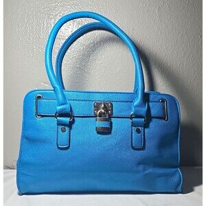 Call It Spring Cobalt Blue Saffiano Faux Leather Satchel Tote Bag Padlock Gold